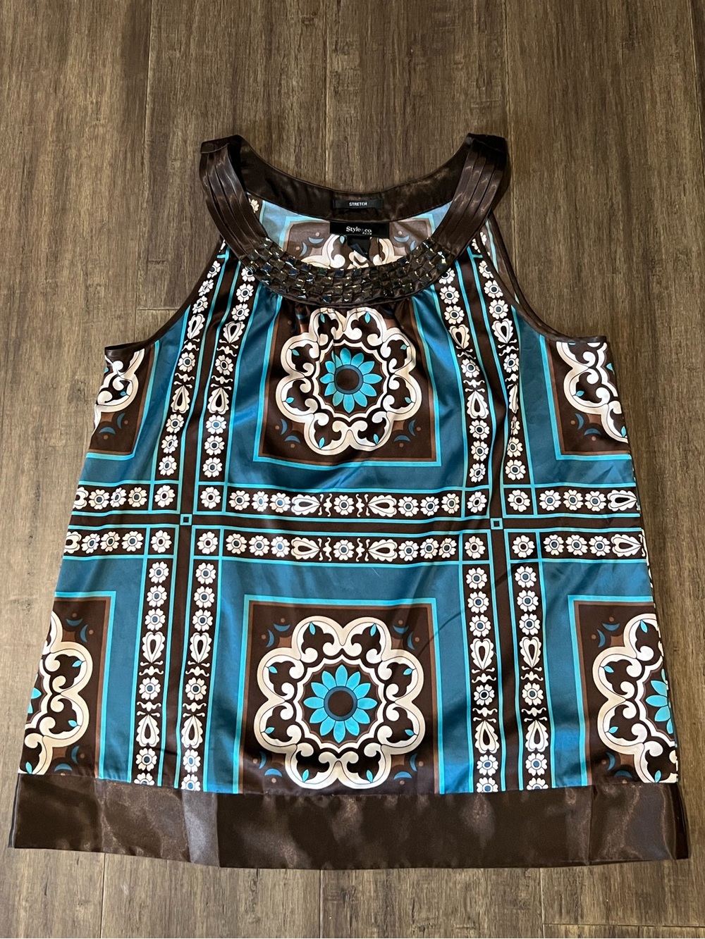 Y2K Style & Co. petite brown blue satin swing tank top sz 12p